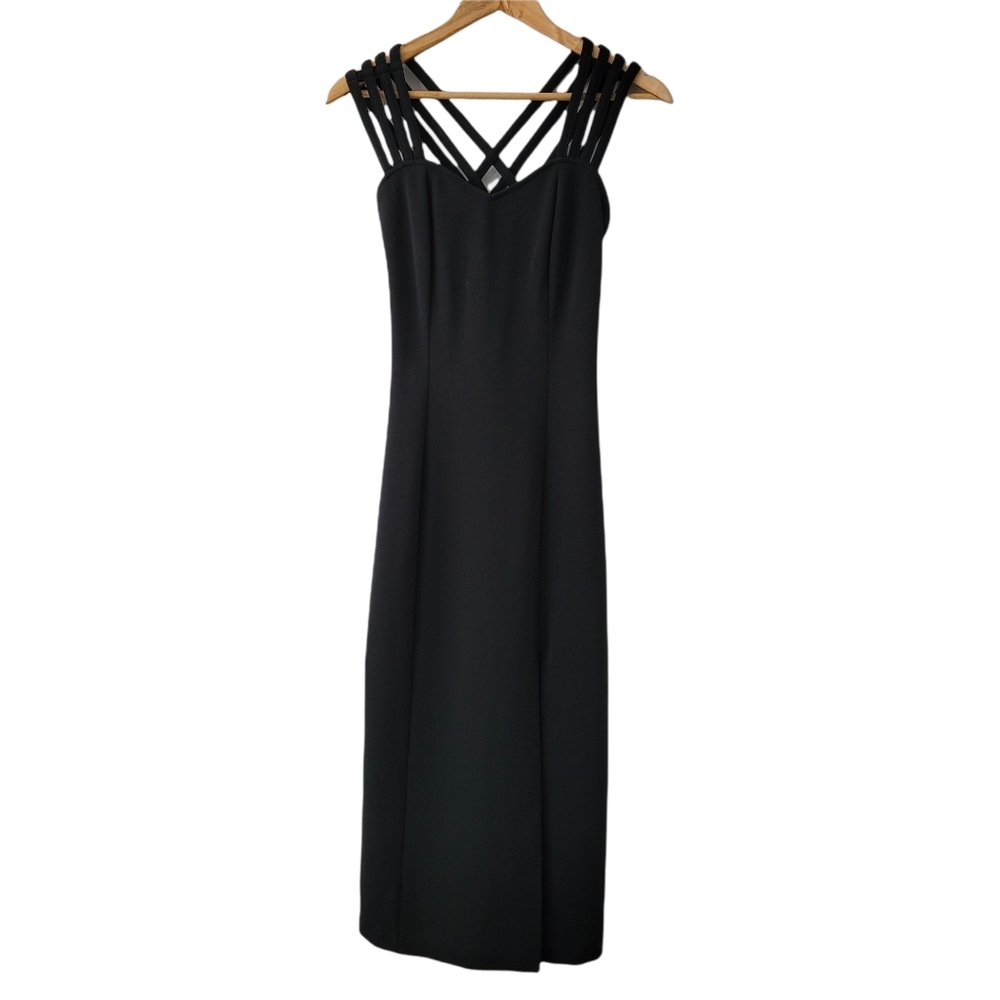 Vintage Black Bodycon Strappy Evening Gown Dress with Front Slit